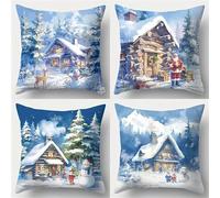 Lituor Federe Cuscini Divano 50x50 cm Cottage invernale,Decorativi Quadrato Morbido Copricuscini,Set di 4 Fodera Cuscini Paesaggio natalizio per Soggiorno Camera da Letto Giardino all'aperto Decor
