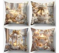 Lituor Federe Cuscini Divano 70x70 cm Paesaggio d'argento,Decorativi Quadrato Morbido Copricuscini,Set di 4 Fodera Cuscini Candele di Natale per Soggiorno Camera da Letto Giardino all'aperto Decor