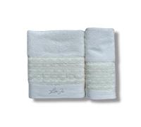 Liu Jo Milano Set Asciugamani Art. Paradiso - Viso 55x100 cm e Ospite 38x58 cm in Spugna 100% Cotone 500 gsm - Con Pizzo e Logo Lurex - In Scatola (Avorio)