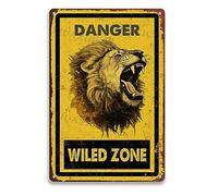 LIUAXICIA Targa in latta con leone con scritta "Danger Wild Zone", per sala da pranzo, ufficio, fattoria, 20,3 x 30,5 cm