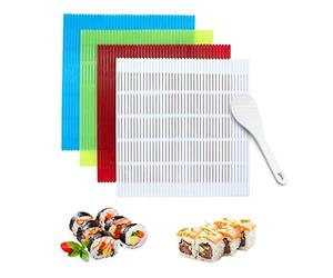 LIUCONGBD 4 Pezzi Tappetino per Sushi, Antiaderente Kit Plastica Riutilizzabile Lavabile avec Cuillère à Riz, Réutilisable Sushi Roller Maker Mat pour Débutants, les Bricoleurset Enfants Cuisine DIY