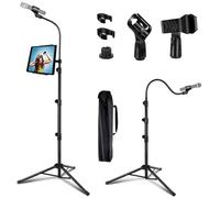 LIUGAST Supporto per microfono portatile con supporto per telefono, treppiede a collo d'oca regolabile da 0,9 a 1,8 m, 2 clip per microfono standard, nero