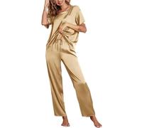 LIUHLFSR Two Piece Set of Women's Solid Color Satin Pajamas And Home Clothes, Short Sleeved Pants, Loose And Casual Outdoor(Khaki,M)