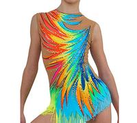 LIUHUO Body da donna per danza ritmica ginnastica ragazze colorato diamante nappe competizione prestazioni, Blu, XL