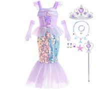 LiUiMiY Costume da Sirena Bambina Vestito Ragazze Paillettes Principessa Sirenetta Ariel e Accessori per Halloween Carnevale Feste Compleanno, 6-7 Anni (Etichetta 140)