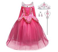 LiUiMiY Costumi Bambina Aurora Principessa Vestito Bella Addormentata Carnevale Lunga Manica Tulle Diadema Cosplay Festa Nuziale Compleanno Carnevale Abito per Ragazze, rosa, 116-122 (etichetta 120)
