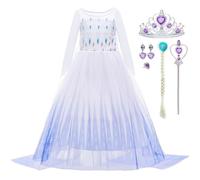 LiUiMiY Ragazze Abiti da Principessa Elsa Costume Manica Lunga Compleanno Cosplay Party Halloween Cearnevale Natale Fancy Dress Up Costume con Accessori Mantello Lungo Bianco, 2-3 Anni (Etichetta 100)