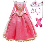 LiUiMiY Ragazze Aurora Costume Maxi Vestito Principessa Bambina Bella Addormentata con Accessori Compleanno Carnevale Natale, 6-7 Anni (Etichetta 140)
