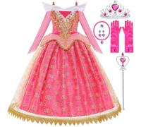 LiUiMiY Ragazze Aurora Costume Maxi Vestito Principessa Bambina Bella Addormentata con Accessori Compleanno Carnevale Natale, 7-8 Anni (Etichetta 150)