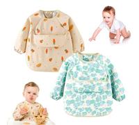 LIULINY 2 Pezzi Bavaglino Maniche Lunghe, Impermeabile Bavaglino con Maniche Lunghe, Borsa Pieghevole Bavaglini con Maniches, per Bambini e Bambine per Mangiare, Disegnare Giocare (Carota e Orsetto)