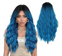 LIULINY 70cm Parrucca Ombre Blu Lungo per Donna, Capelli Ondulati con Riga Centrale Parrucca Blu Lunga, Gradiente Naturale Parrucche Blus, per Uso Quotidiane Cosplay Halloween