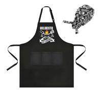 LIULINY Divertente con 3 Tasche Grembiule Cucina Uomo, 80x70cm Regolabile Grembiule da Barbecue da Uomo, Incluso Cappello da Cuoco per Cucina, Ristorante, Bar, Barbecue, Festa di Natale