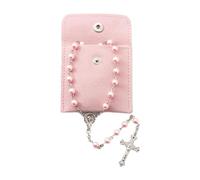 LIULINY Set da 1 Pezzo Rosario Cattolico Collana Perline, Rosario Cattolico Crocifisso Collana, Perle con Sacchetto di Velluto, per Comunione, per Battesimo, Messa, Bibbia (Rosa)