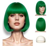 LIULIUBTY Parrucca a caschetto nera da donna, capelli sintetici resistenti al calore, 25,4 cm, frangia dritta, uso quotidiano o per feste (verde nerastro)