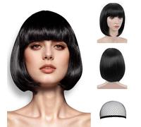 LIULIUBTY Parrucca a caschetto nera da donna, capelli sintetici resistenti al calore, 25,4 cm, frangia dritta, uso quotidiano o per feste (nero naturale)