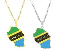 Liumarvexia 2 collane con ciondolo a forma di mappa della Tanzania, in acciaio inox, 50 cm, catena decorativa per feste, 50cm, Acciaio inossidabile