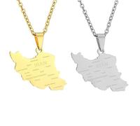 Liumarvexia 2 collane con ciondolo a forma di mappa dell'Iran, alla moda, stile hip hop, collana con ciondolo iraniano, gioielli per donne e uomini, gioielli alla moda, idea regalo, 50cm, Acciaio