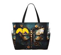 LiuMng Borsa da spiaggia di grande capacità - stampa borsa da viaggio impermeabile color oro delicato fiore libellula multi-tasca tote per vacanze palestra donne