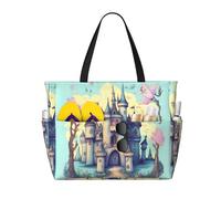 LiuMng Borsa da spiaggia di grande capacità, stampa impermeabile, borsa da viaggio con castello delle fiabe, multitasche, per vacanze, palestra, donna, nera, taglia unica