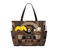 LiuMng Borsa da spiaggia di grande capacità, stampa impermeabile, borsa da viaggio rustica con orso, multi-tasca, per vacanze, palestra, donne