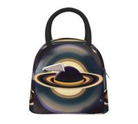 LiuMng Borsa termica termica per il pranzo, per donne e uomini, colore nero, con bella stampa Saturno, con tasca frontale, per lavoro e picnic