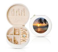LiuMng Sunset Beach - Portagioie da donna, in pelle, con stampa, portatile, per anelli, ciondoli, orecchini, colore: bianco