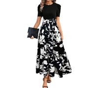 LIUPONHU Summer Dresses for Women Puff Sleeve Empire Waist Flower Maxi Dress Elegant Long Dressy A Line Dress