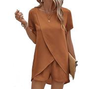LIUPONHU Womens Clothing 2piece Sets,Summer Breathable Casual Two Piece Suit Irregular Top and Shorts,Solid Color Lady Set (Orange, XL)