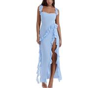 LIUPONHU Women's Summer Sexy Double High Slit Deep V Neck Plus Dresses，Sexy Backless Satin Cocktail Slit Maxi Dress (Light Blue, S)