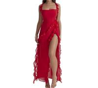LIUPONHU Women's Summer Sexy Double High Slit Deep V Neck Plus Dresses，Sexy Backless Satin Cocktail Slit Maxi Dress (Red, L)