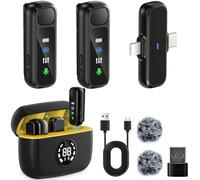 LIUWID Microfono Lavalier Wireless,Mini Microfono Vlog con Display Digitale, Custodia di Ricarica,Cancellazione del Rumore,Microfono Wireless Lavalier 3 in 1 per La Registrazione Video (Giallo)
