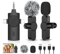 LIUWID Microfono Wireless 3 in 1 per Fotocamera, IOS Phone, Android e Laptop,Microfono Lavalier Wireless Plug-play Mini Microfono con Cancellazione Intelligente del Rumore (Nero-1)