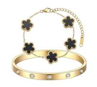 LIUYIDM Bracciale Donna Gioielli con Quadrifoglio Dorato Four Leaf Clover Bracelet Accessori Eleganti Gioielli Quadrifoglio Donna Vita Quotidiana, Regali di Compleanno con Portafortuna (Nero)