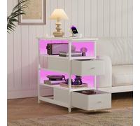 Liuyoyo Comodino con LED e funzione di ricarica, un comodino a quattro livelli con due cassetti, tavolino con 2 prese, 1 porta USB e 1 tipo C, per soggiorno, camera da letto, bianco