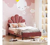 Liuyoyo Lettino imbottito per bambini, 90 x 200, letto per ragazze, con testa a forma di fiore, struttura per letto con rete a doghe, in tessuto di velluto delicato sulla pelle, senza materasso, vino