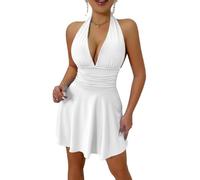 LIUYUYOUGO Abiti Eleganti Donna Mini Abito da Donna con Scollo all'Americana E Arricciato Sexy Scollo A V Profondo Senza Maniche Abito da Festa Linea Ad A Svasato Fluido con Volant Schiena Scoperta