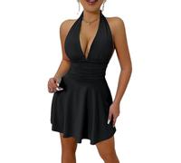 LIUYUYOUGO Abiti Eleganti Donna Mini Abito da Donna con Scollo all'Americana E Arricciato Sexy Scollo A V Profondo Senza Maniche Abito da Festa Linea Ad A Svasato con Volant Schiena Scoperta Canotta