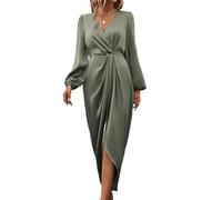 LIUYUYOUGO Abito Donna Elegante Abito Midi in Seta con Scollo A V Maniche Lunghe Arricciato Elastico in Vita con Spacco per Matrimoni Cocktail Party Abiti da Invitata Colore Verde Salvia Taglia L