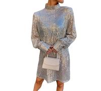 LIUYUYOUGO Abito Donna Mini Abiti Scintillanti da Donna con Maniche A Lanterna Scollo A Lupetto vestibilità Ampia Abito Lungo con Paillettes Lucide Elegante da Sera Cocktail Party Club con Ci