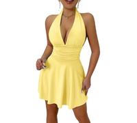 LIUYUYOUGO Abito Donna Mini Abito da Donna con Scollo all'Americana E Arricciato Sexy Scollo A V Profondo Senza Maniche Abito da Festa Linea Ad A Svasato Fluido con Volant Schiena Scoperta Canotta C