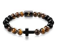 LIUYUYOUGO Bracciale Donna Bracciale Con Perline A Croce Da Uomo In Pietra Naturale Di Ossidiana E Occhio Di Tigre Con Iniziale Az Perline Di Cristallo Elastiche Braccialetto Per Meditazione Preghie