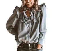 LIUYUYOUGO Camicia Donna Camicia da Donna in Denim con Bottoni A Pressione Maniche Lunghe Stile Western con Volant Colletto Alto Babydoll in Denim Camicette Grigie Jeans Strappati Tunica Top Autunno