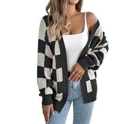 LIUYUYOUGO Cardigan Sweater Donna Cardigan da Donna in Maglia A Quadri con Maniche A Lanterna Motivo Scozzese Misto Maglione Lavorato A Maglia Grosso Aperto sul Davanti Casual Ampio Giacca Top Magli