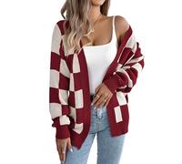 LIUYUYOUGO Golfino Donna Cardigan A Quadri A Maniche Lunghe da Donna Aperto sul Davanti in Maglia Scozzese Vintage Stile Preppy Stile Casual Cardigans Maglieria Top Bordeaux Rosso Taglia L