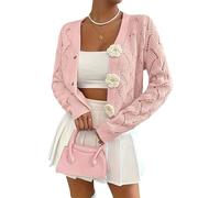 LIUYUYOUGO Golfino Donna Cardigan Corto da Donna con Scollo A V Motivo Floreale Rosa 3D con Bottoni Dolcevita Lavorato all'Uncinetto Maglione alla Moda Ampio Capospalla XS
