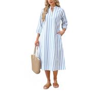 LIUYUYOUGO Vestito Donna Abiti Midi A Righe per Donna Elegante Abito A Camicia con Scollo A V E Bottoni Maniche A Lanterna A 3/4 con Tasche Abito Casual Ampio A Trapezio per Donna Ideale per Le Vaca