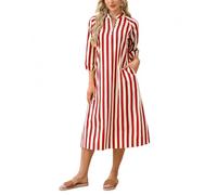 LIUYUYOUGO Vestito Donna Abiti Midi A Righe per Donna Elegante Abito A Camicia con Scollo A V E Bottoni Maniche A Lanterna A 3/4 con Tasche Abito Casual Ampio A Trapezio per Donna Ideale per Le Vaca