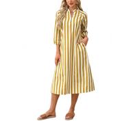 LIUYUYOUGO Vestito Donna Abiti Midi A Righe per Donna Elegante Abito A Camicia con Scollo A V E Bottoni Maniche A Lanterna A 3/4 con Tasche Abito Casual Ampio A Trapezio per Donna Ideale per Le Vaca
