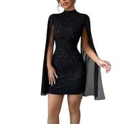 LIUYUYOUGO Vestito Donna Mini Abiti Aderenti Glitterati da Donna Neri Sexy Trasparenti in Rete A Maniche Lunghe con Scollo A Lupetto con Paillettes Eleganti Scintillanti per Cocktail Feste Clubwear