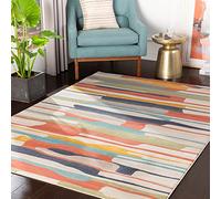 Livabliss Surya Atlanta Tappeto geometrico Scandi, per soggiorno, 200 x 275 cm, da pranzo, cucina, neutro, astratto azteco, stile bohémien, facile da pulire, grande tappeto arancione, blu, beige